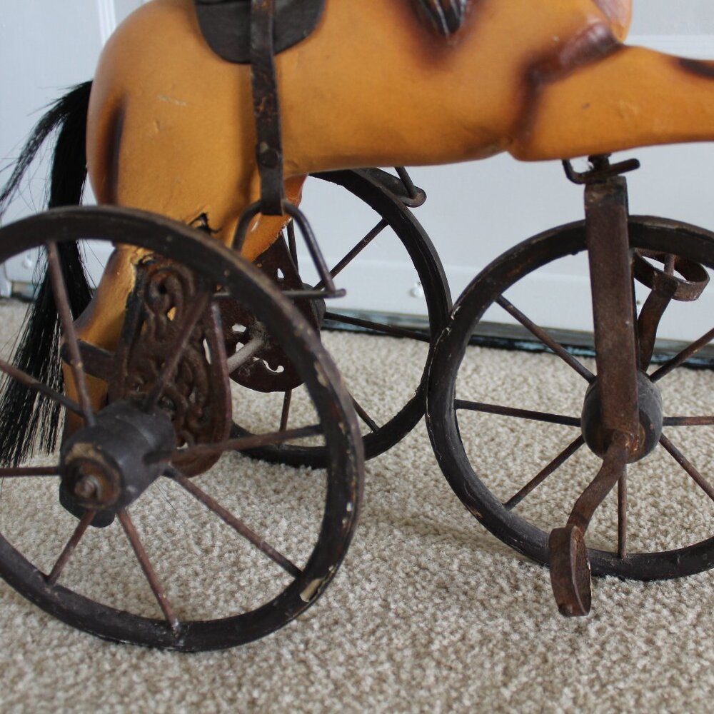 Vintage 17.5"Tall x 16" Wood & Cast Iron Leather Saddle Horse Trike - Picture 2 of 16